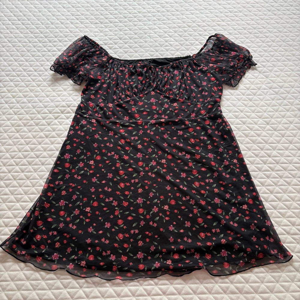Women’s Dress 3X Black Red Floral Dark Romantic Milkmaid Square Neck Puff Sleeve